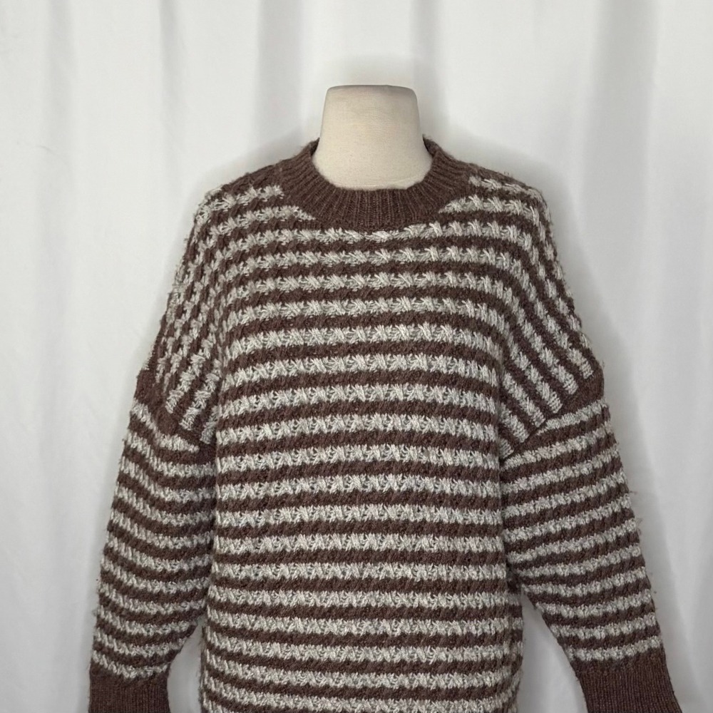 ZARA Wool Chunky Knit Oversized Sweater Brown Grey Stripes Pullover Knit Small - Picture 4 of 16